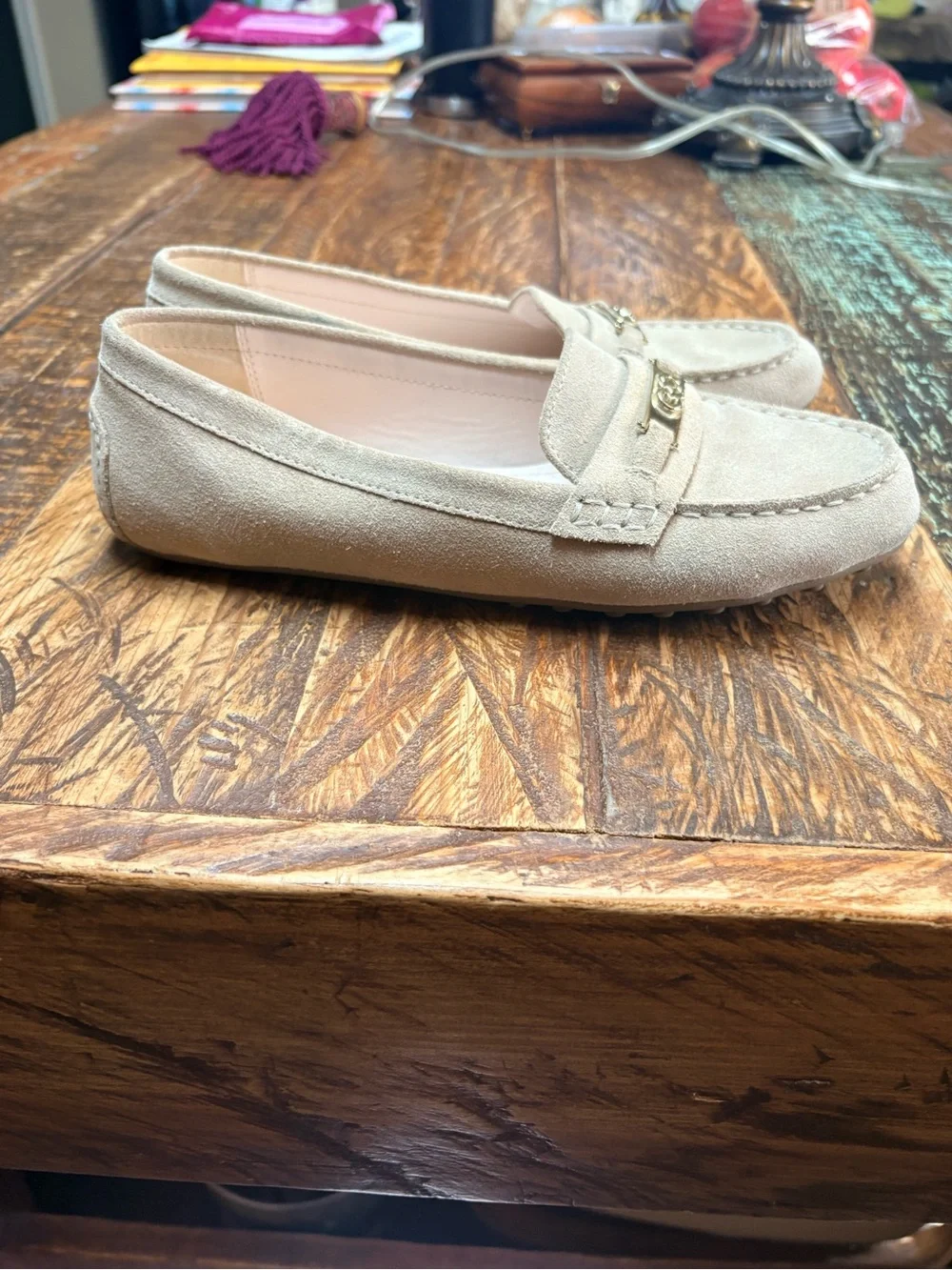 Cole Haan Nude Suede Leather Driving Loafers Gold Bit Slip On Flats Shoes 8.5
